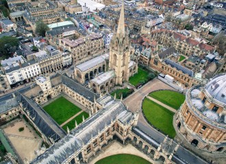 Aerial view of the City of Oxford, with college buildings and the Radcliffe Camera