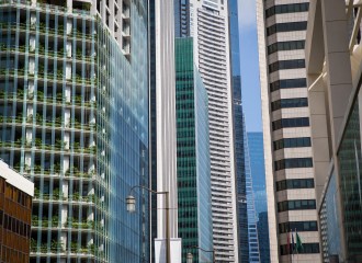 A close-up cityscape of modern skyscrapers