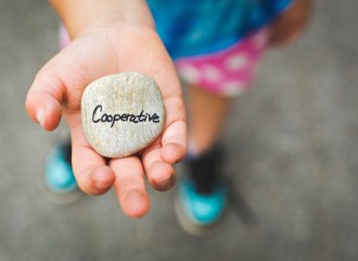 A child's hand with a flat stone. Written on it is the word 'cooperative'