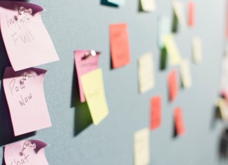 A kanban board with different coloured sticky notes