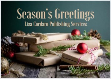 Picture of Season's Greetings from Lisa Cordaro Publishing Services with a pile of brown-paper wrapped presents and baubles