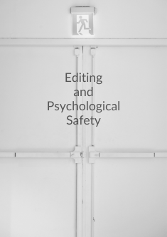 Cover of Editing and Psychological Safety showing a locked white emergency exit door with escape sign above