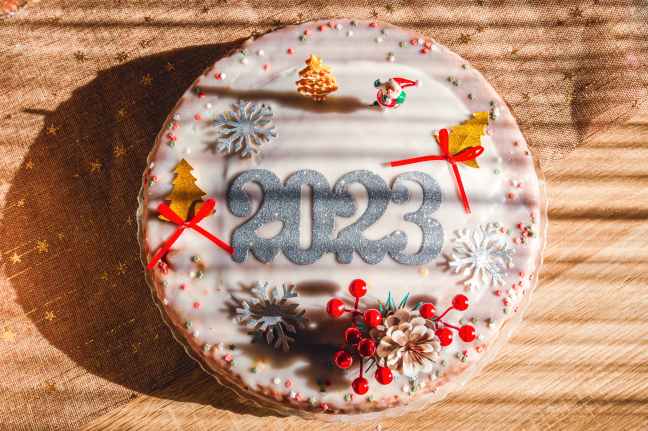 A cake with white icing and winter decorations, with lettered icing '2023'